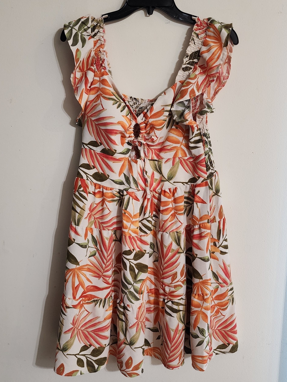 Madden NYC Orange Tropical Leaf Ruffle Smocked Mini Dress